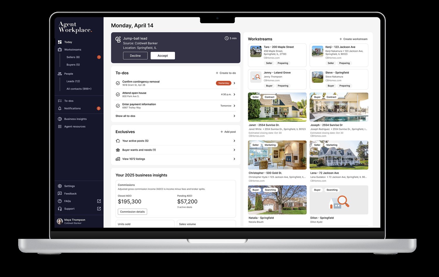Agent Workplace Today dashboard showing jump-ball leads, to-dos, and active workstreams