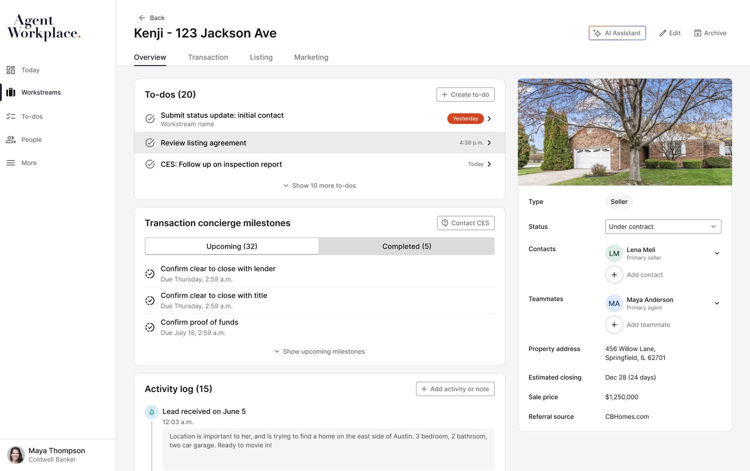 Workstream detail with AI Assistant button visible top right
