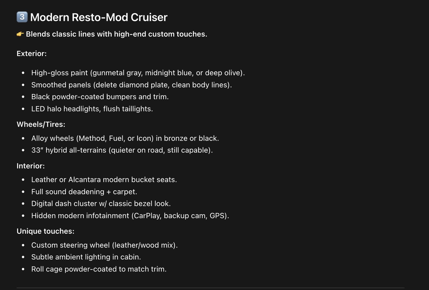 AI-generated build direction options for the FJ40, including a modern resto-mod cruiser spec