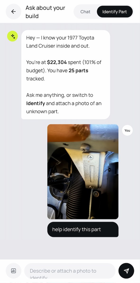 BuildLog AI assistant in Identify Part mode with a photo of an unknown engine-bay bracket