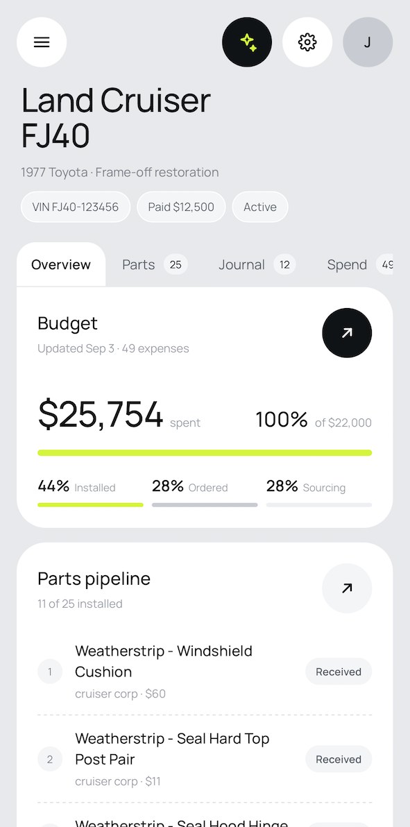 BuildLog dashboard on a phone: budget, parts pipeline, journal