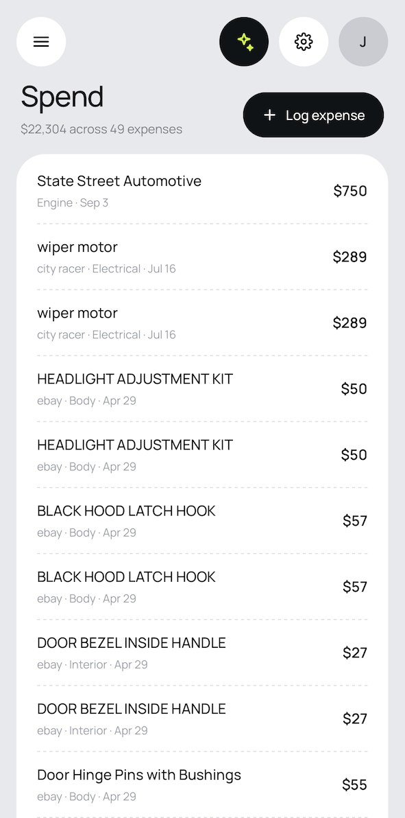 BuildLog spend log: $22,304 across 49 expenses, several parts listed twice
