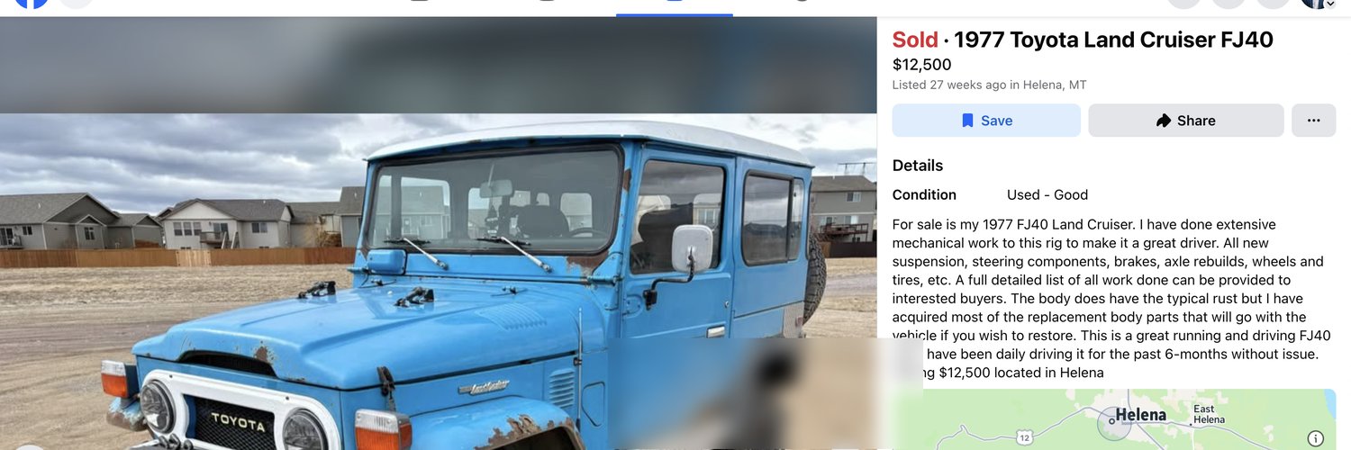 The Facebook Marketplace listing for the 1977 FJ40 in Helena, Montana