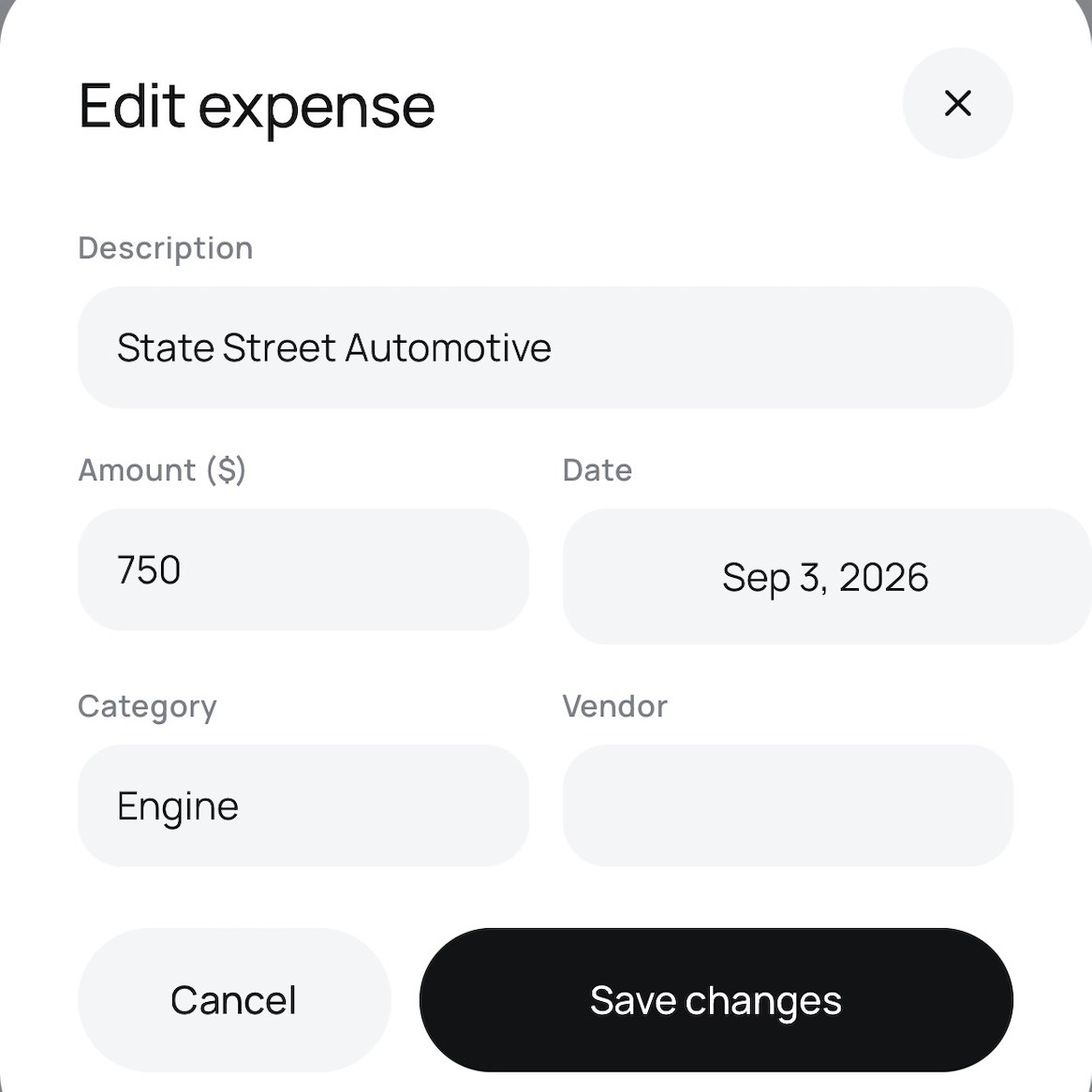 BuildLog edit-expense screen on the phone, updating a State Street Automotive entry